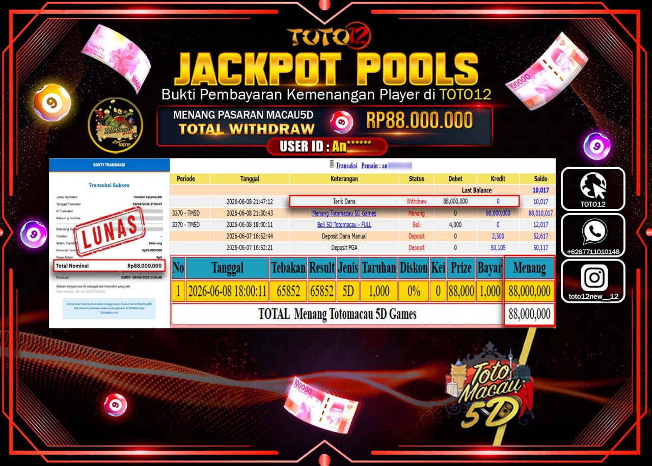 HANYA DI TOTO12 JP PASTI DI BAYAR LUNAS DAN CEPAT!!!!!! JACKPOT POOLS PASARAN (MACAU 5D) Rp88.000.000!!!!
