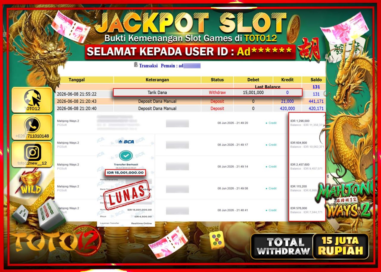 HANYA DI TOTO12 JP PASTI DI BAYAR LUNAS DAN CEPAT!!!!!! JACKPOT SLOT GAME (MAHJONG WAYS 2) Rp15.001.000!!!!