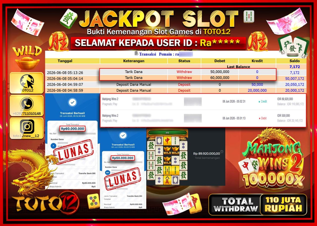 HANYA DI TOTO12 JP PASTI DI BAYAR LUNAS DAN CEPAT!!!!!! JACKPOT SLOT GAME (MAHJONG WINS 2) Rp110.000.000!!!!