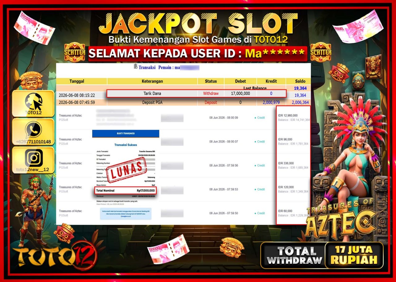 HANYA DI TOTO12 JP PASTI DI BAYAR LUNAS DAN CEPAT!!!!!! JACKPOT SLOT GAME (TREASURES OF AZTEC) Rp17.000.000!!!!