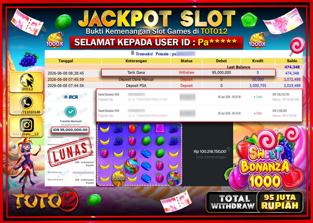 HANYA DI TOTO12 JP PASTI DI BAYAR LUNAS DAN CEPAT!!!!!! JACKPOT SLOT GAME (SWEET BONANZA 1000) Rp95.000.000!!!!