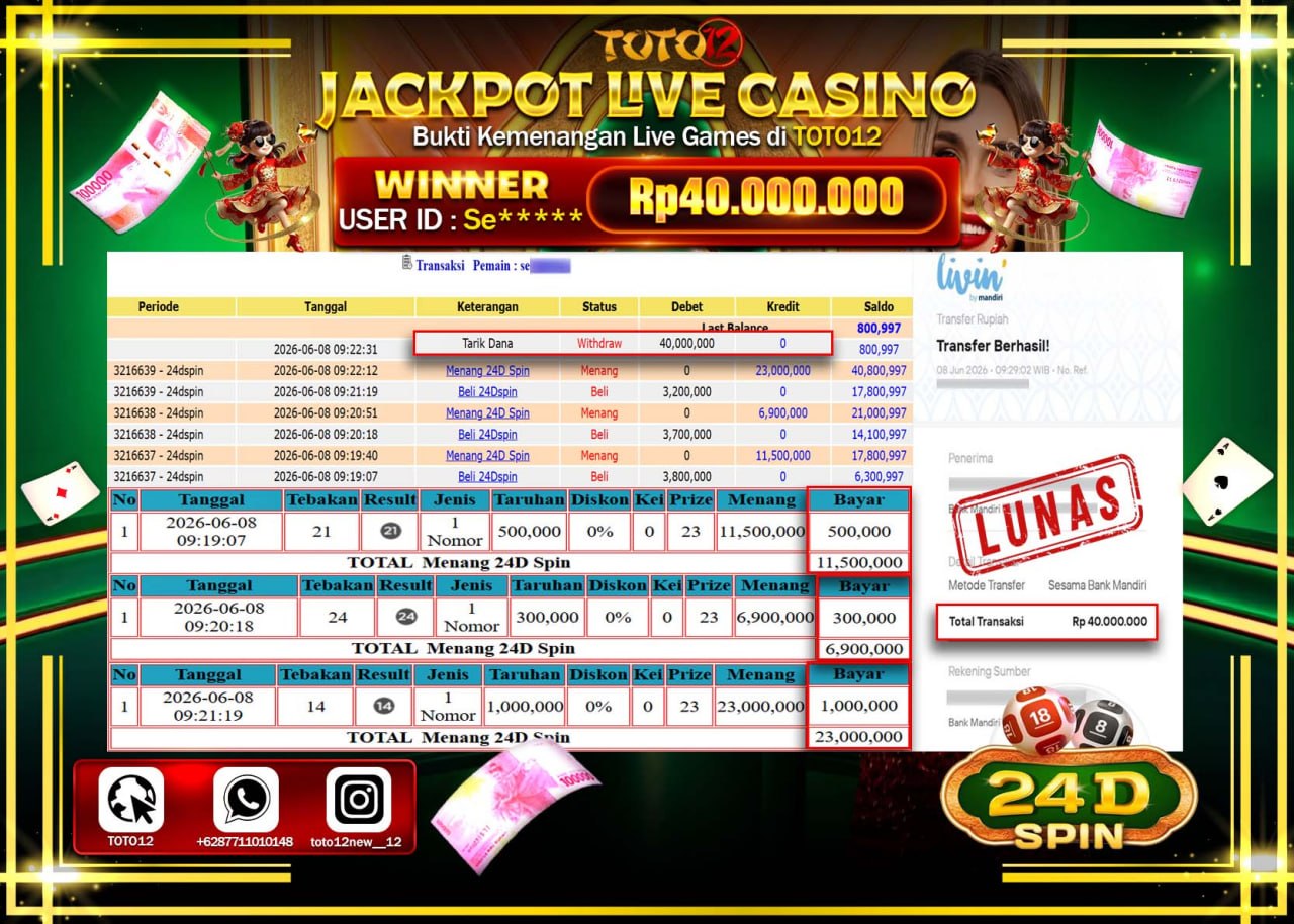 HANYA DI TOTO12 JP PASTI DI BAYAR LUNAS DAN CEPAT!!!!!! JACKPOT  LIVE GAME CASINO (24D) Rp40.000.000!!!!