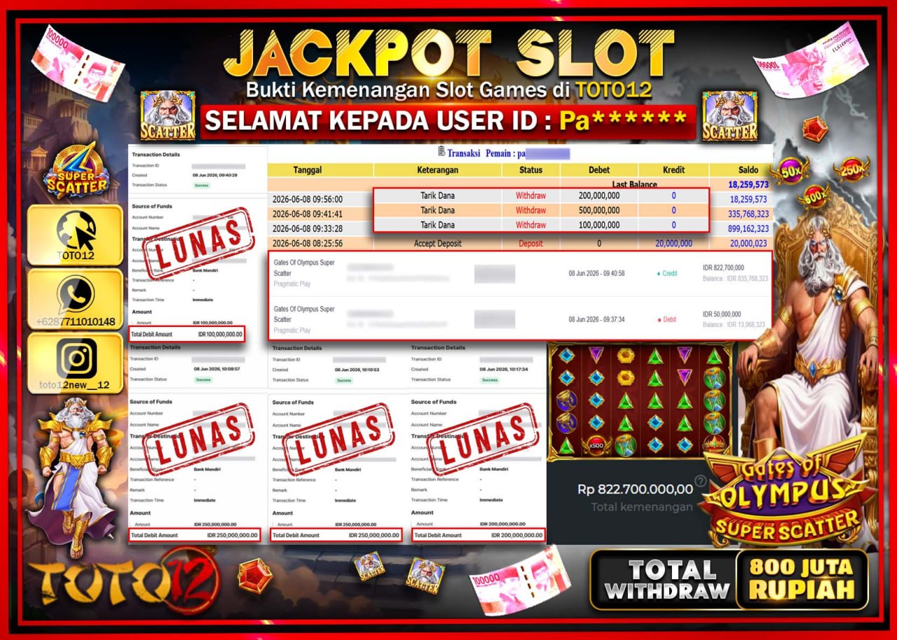 HANYA DI TOTO12 JP PASTI DI BAYAR LUNAS DAN CEPAT!!!!!! JACKPOT SLOT GAME (GATES OF OLYMPUS SUPER SCATTER) Rp800.000.000!!!!