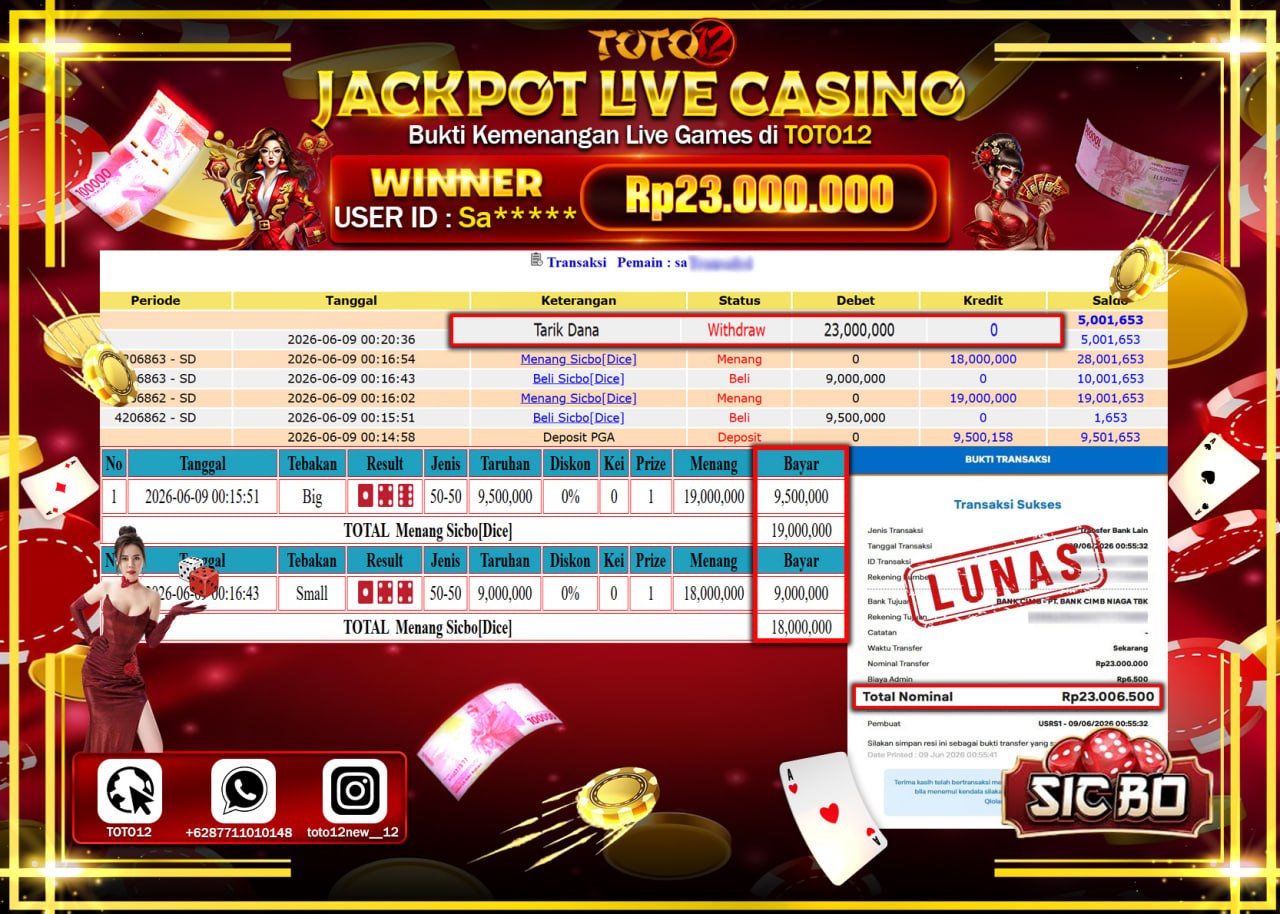 HANYA DI TOTO12 JP PASTI DI BAYAR LUNAS DAN CEPAT!!!!!! JACKPOT  LIVE GAME CASINO (SICBO DIECE) Rp23.000.000!!!!
