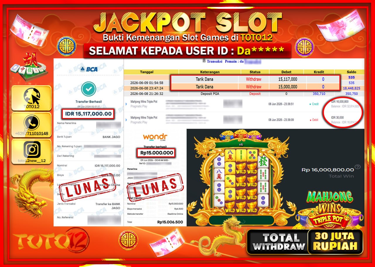 HANYA DI TOTO12 JP PASTI DI BAYAR LUNAS DAN CEPAT!!!!!! JACKPOT SLOT GAME (MAHJONG WINS TRIPLE POT) Rp30.117.000!!!!