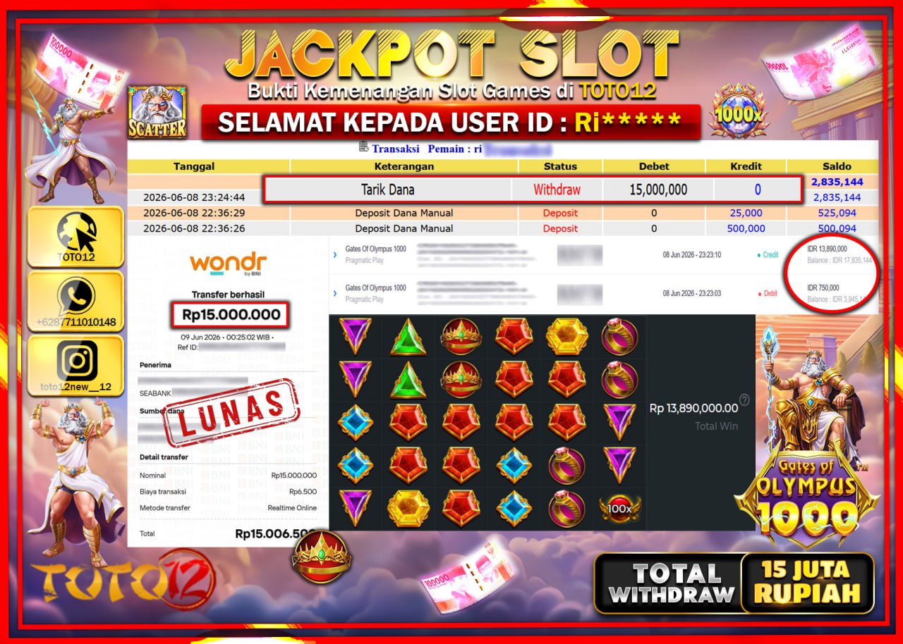 HANYA DI TOTO12 JP PASTI DI BAYAR LUNAS DAN CEPAT!!!!!! JACKPOT SLOT GAME (GATES OF OLYMPUS 1000) Rp15.000.000!!!!