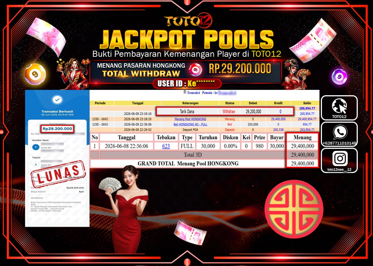 HANYA DI TOTO12 JP PASTI DI BAYAR LUNAS DAN CEPAT!!!!!! JACKPOT POOLS PASARAN (HONGKONG) Rp29.200.000!!!!