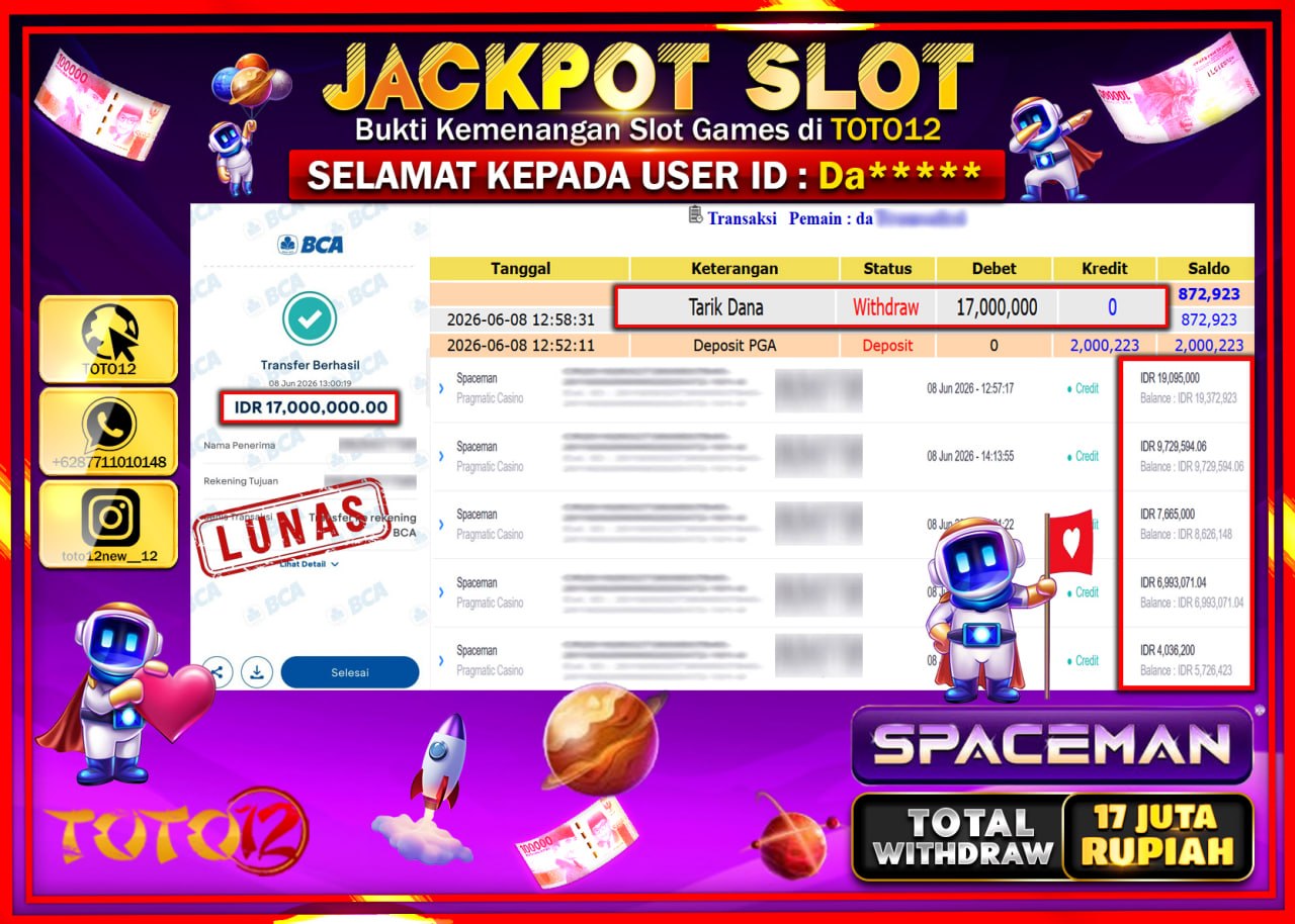 HANYA DI TOTO12 JP PASTI DI BAYAR LUNAS DAN CEPAT!!!!!! JACKPOT SLOT GAME (SPACEMAN) Rp17.000.000!!!!