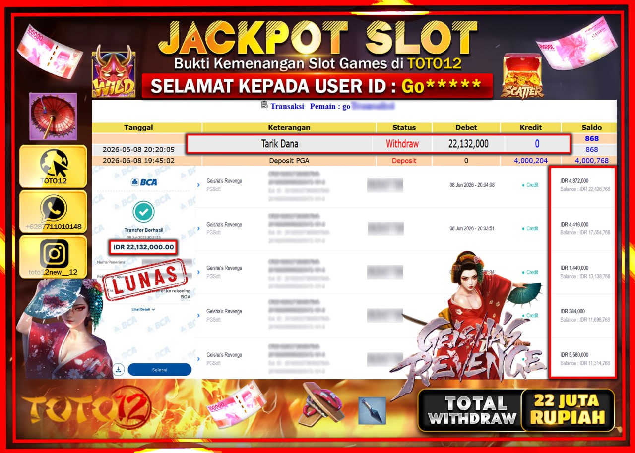 HANYA DI TOTO12 JP PASTI DI BAYAR LUNAS DAN CEPAT!!!!!! JACKPOT SLOT GAME (GEISHAS REVENGE) Rp22.132.000!!!!