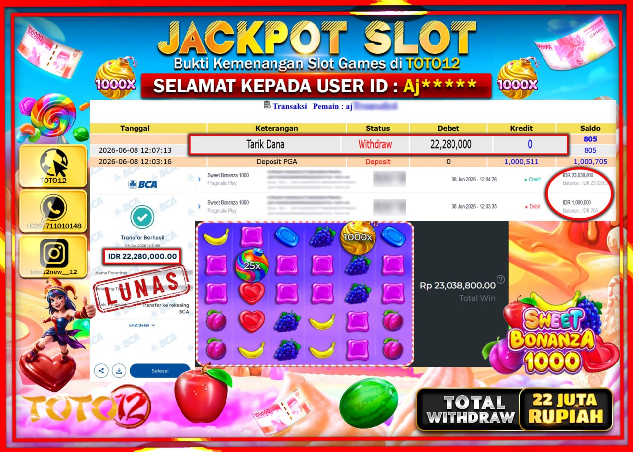 HANYA DI TOTO12 JP PASTI DI BAYAR LUNAS DAN CEPAT!!!!!! JACKPOT SLOT GAME (SWEET BONANZA 1000) Rp22.280.000!!!!