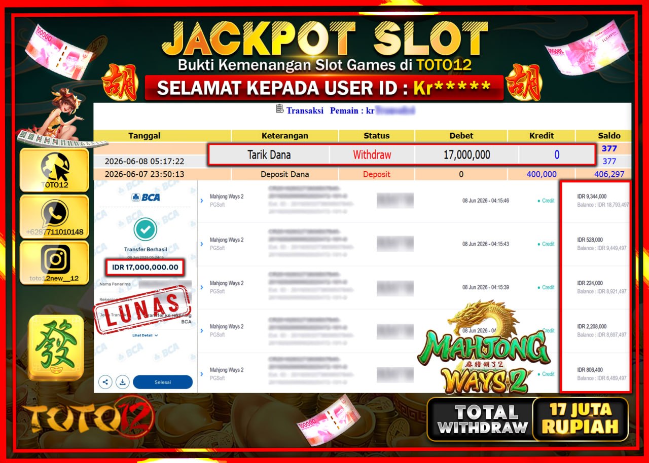 HANYA DI TOTO12 JP PASTI DI BAYAR LUNAS DAN CEPAT!!!!!! JACKPOT SLOT GAME (MAHJONG WAYS 2) Rp17.000.000!!!!