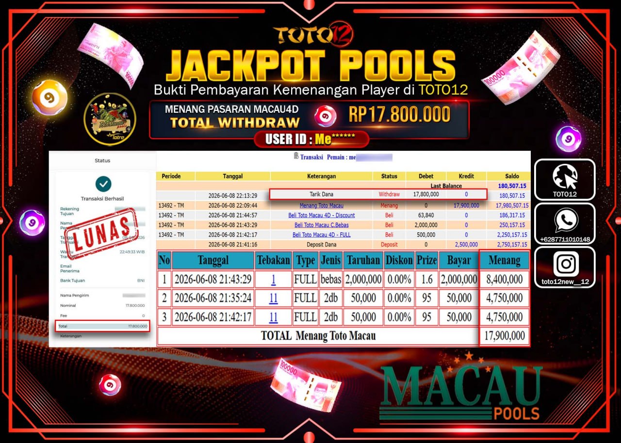 HANYA DI TOTO12 JP PASTI DI BAYAR LUNAS DAN CEPAT!!!!!! JACKPOT POOLS PASARAN (MACAU 4D) Rp49.500.000!!!!