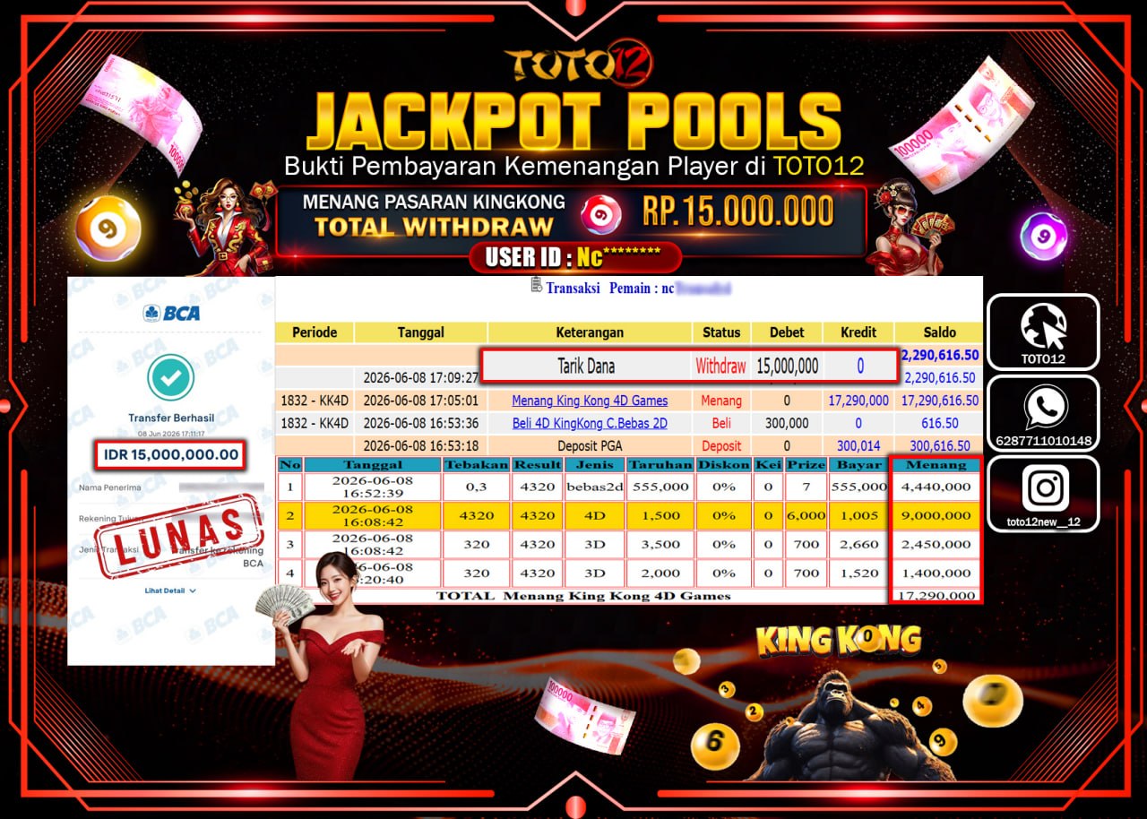 HANYA DI TOTO12 JP PASTI DI BAYAR LUNAS DAN CEPAT!!!!!! JACKPOT POOLS PASARAN (KINGKONG) Rp15.000.000!!!!