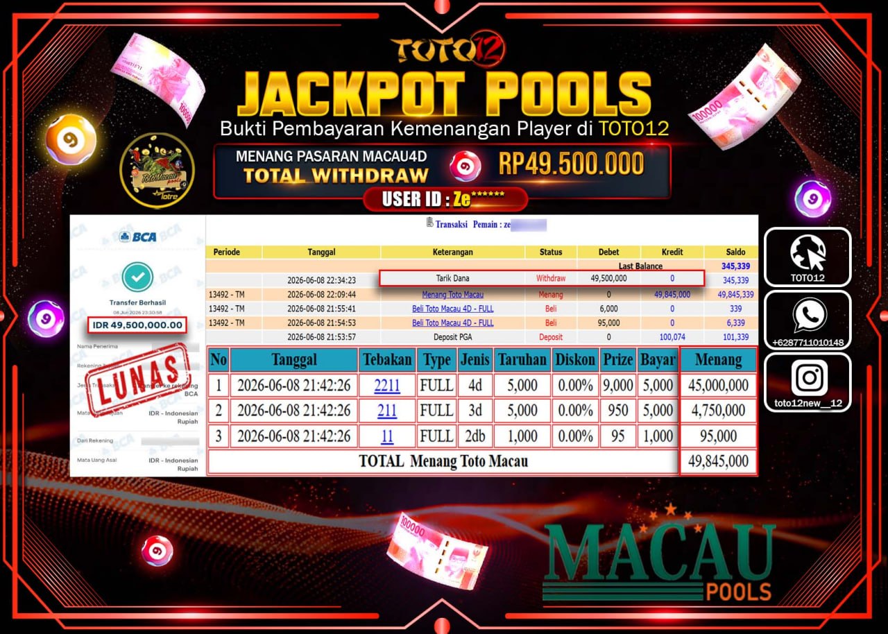 HANYA DI TOTO12 JP PASTI DI BAYAR LUNAS DAN CEPAT!!!!!! JACKPOT POOLS PASARAN (MACAU 4D) Rp49.500.000!!!!