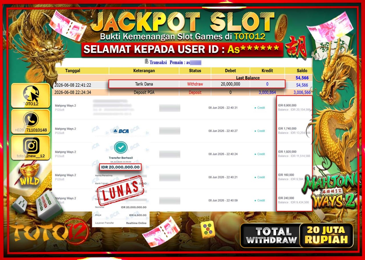 HANYA DI TOTO12 JP PASTI DI BAYAR LUNAS DAN CEPAT!!!!!! JACKPOT SLOT GAME (MAHJONG WAYS 2) Rp20.000.000!!!!