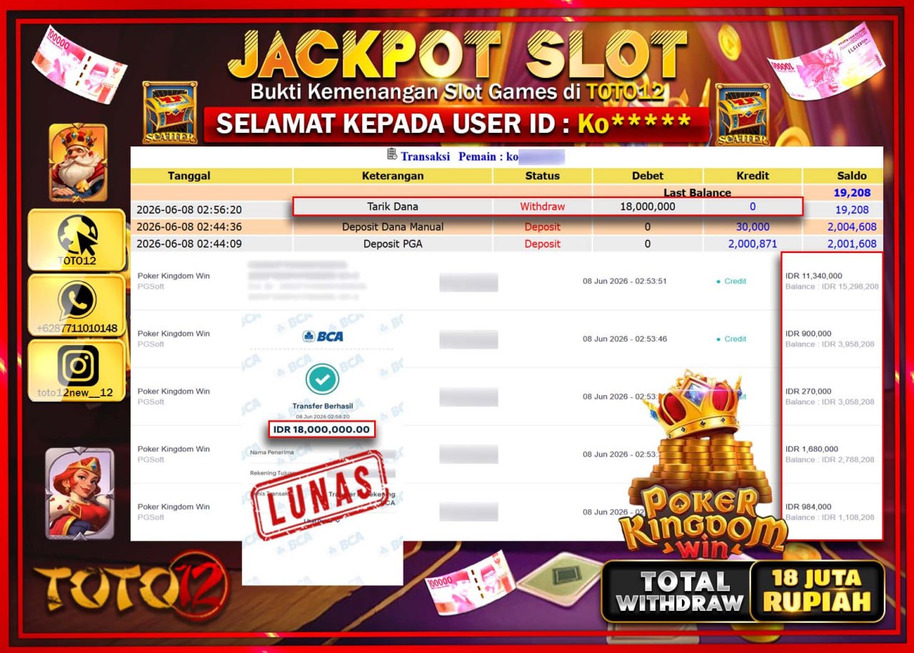 HANYA DI TOTO12 JP PASTI DI BAYAR LUNAS DAN CEPAT!!!!!! JACKPOT SLOT GAME (POKER KINGDOM WIN) Rp18.000.000!!!!