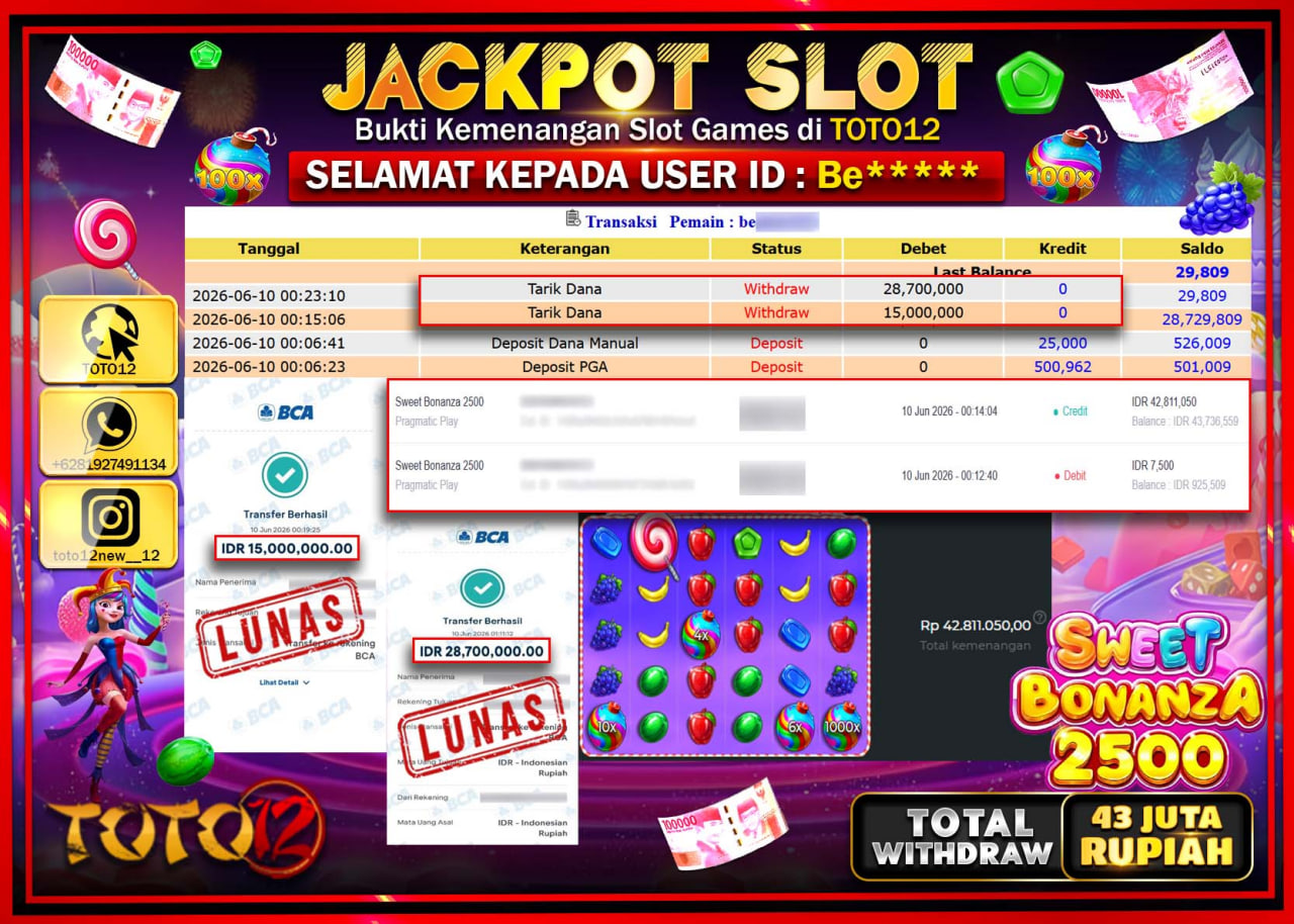 HANYA DI TOTO12 JP PASTI DI BAYAR LUNAS DAN CEPAT!!!!!! JACKPOT SLOT GAME (SWEET BONANZA 2500) Rp43.700.000!!!!