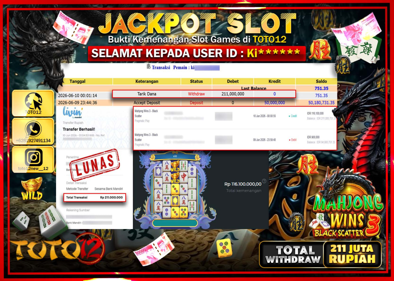 HANYA DI TOTO12 JP PASTI DI BAYAR LUNAS DAN CEPAT!!!!!! JACKPOT SLOT GAME (MAHJONG WINS 3 BLACK SCATTER) Rp211.000.000!!!!