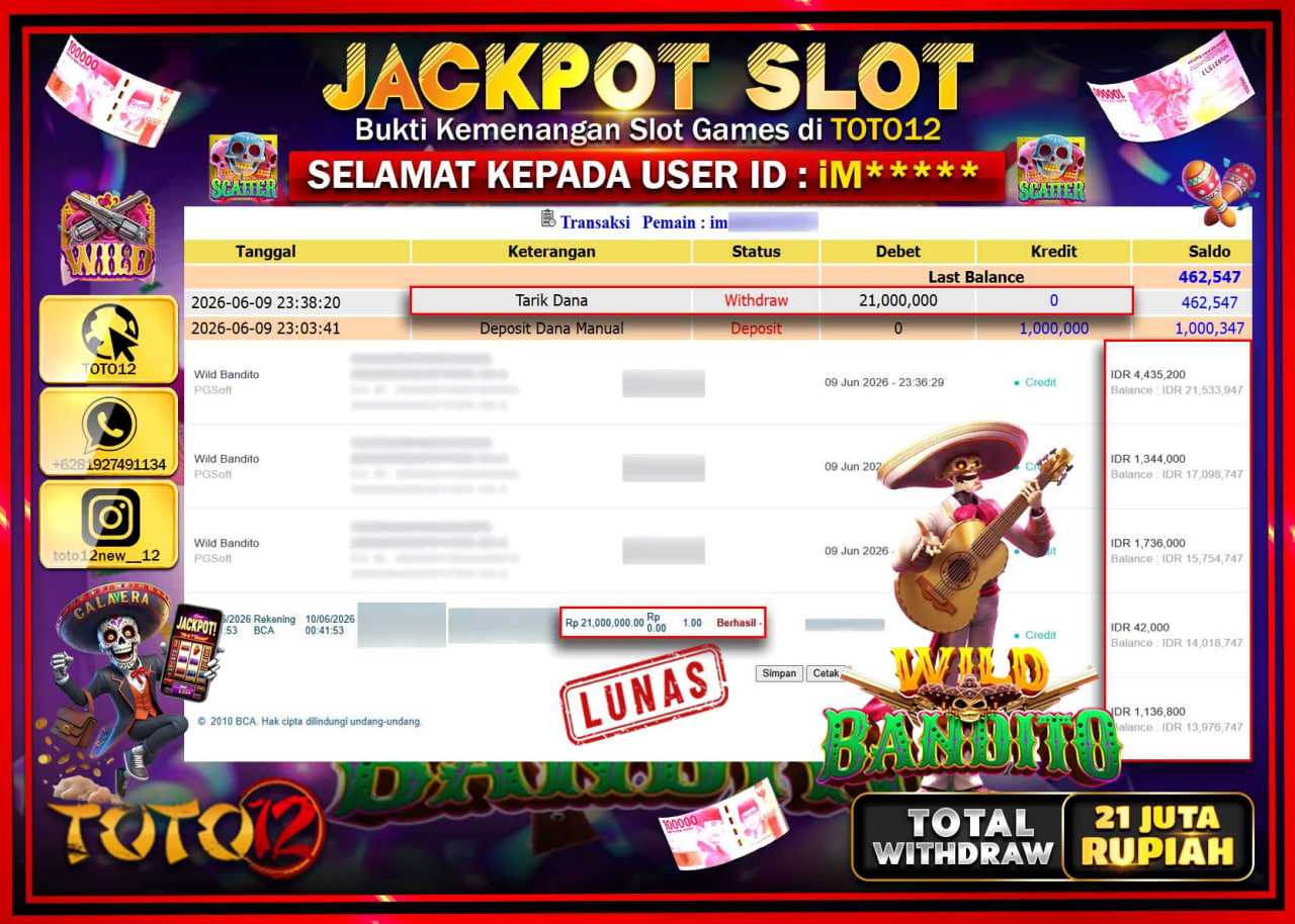 HANYA DI TOTO12 JP PASTI DI BAYAR LUNAS DAN CEPAT!!!!!! JACKPOT SLOT GAME (WILD BANDITO) Rp21.000.000!!!!