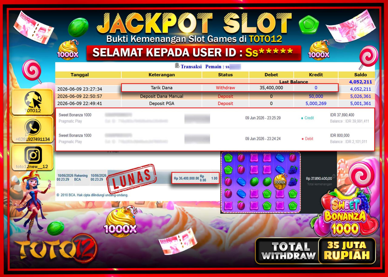 HANYA DI TOTO12 JP PASTI DI BAYAR LUNAS DAN CEPAT!!!!!! JACKPOT SLOT GAME (SWEET BONANZA 1000) Rp35.400.000!!!!