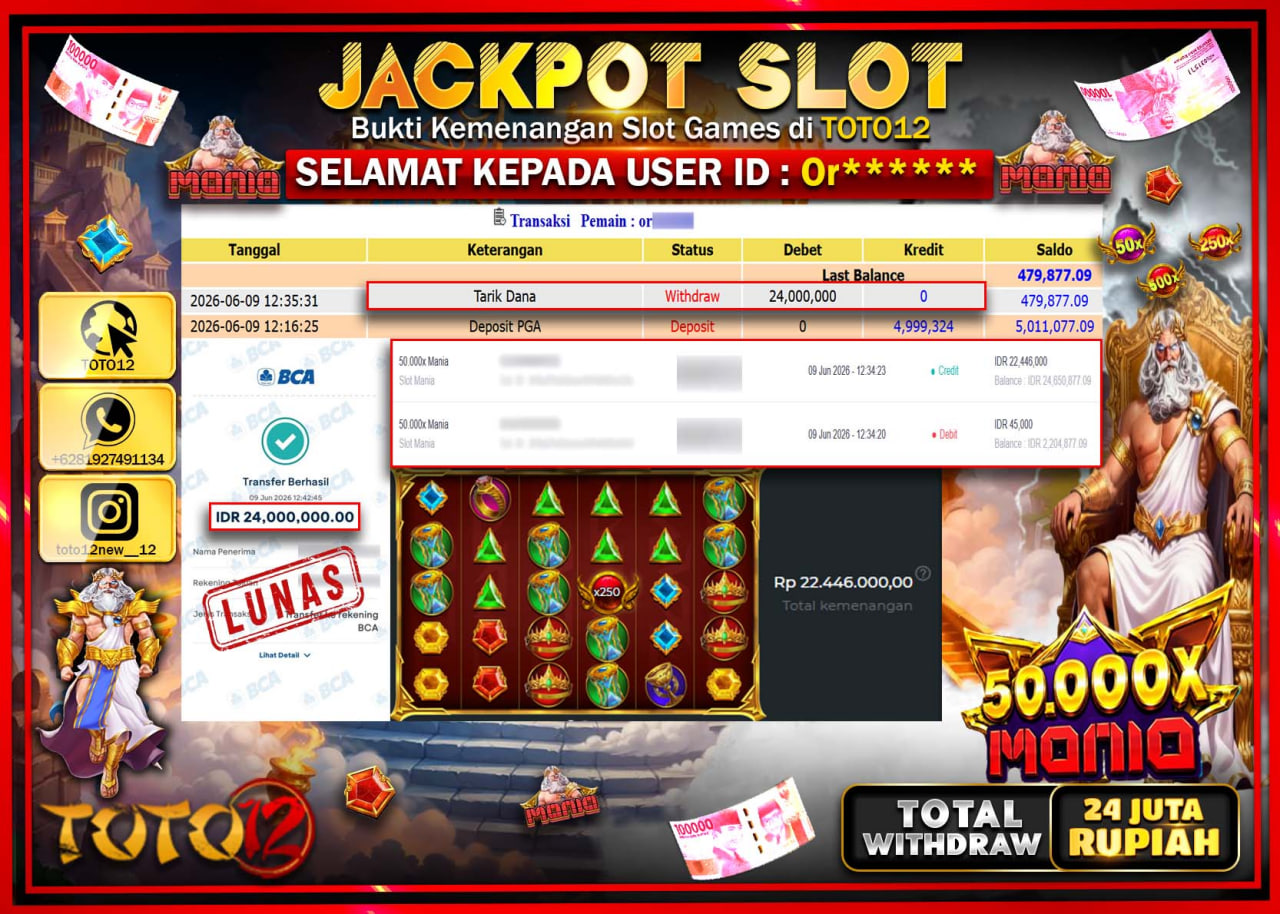 HANYA DI TOTO12 JP PASTI DI BAYAR LUNAS DAN CEPAT!!!!!! JACKPOT SLOT GAME (50.000X MANIA) Rp24.000.000!!!!