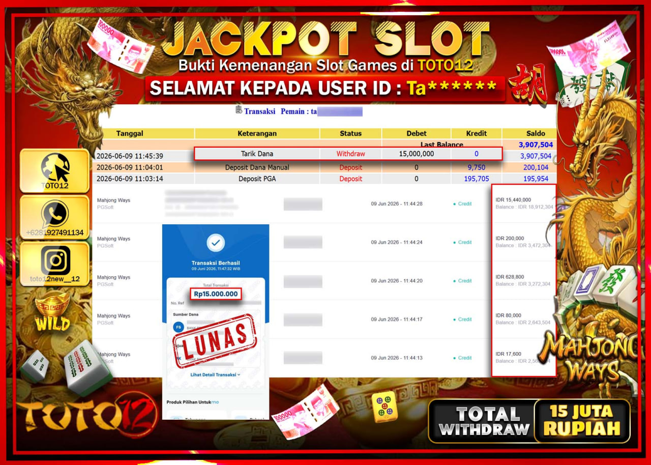 HANYA DI TOTO12 JP PASTI DI BAYAR LUNAS DAN CEPAT!!!!!! JACKPOT SLOT GAME (MAHJONG WAYS) Rp15.000.000!!!!