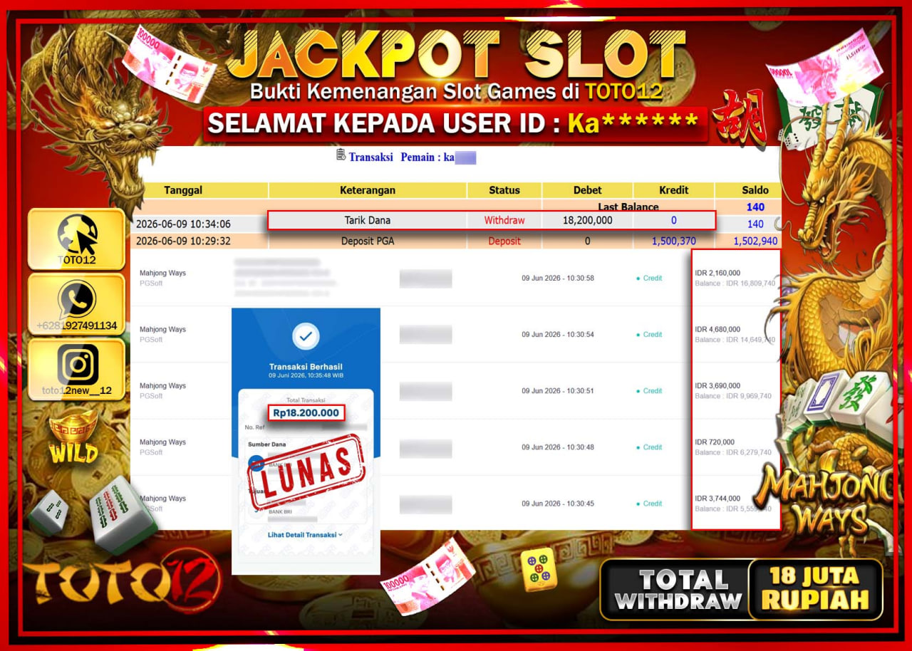 HANYA DI TOTO12 JP PASTI DI BAYAR LUNAS DAN CEPAT!!!!!! JACKPOT SLOT GAME (MAHJONG WAYS) Rp18.200.000!!!!