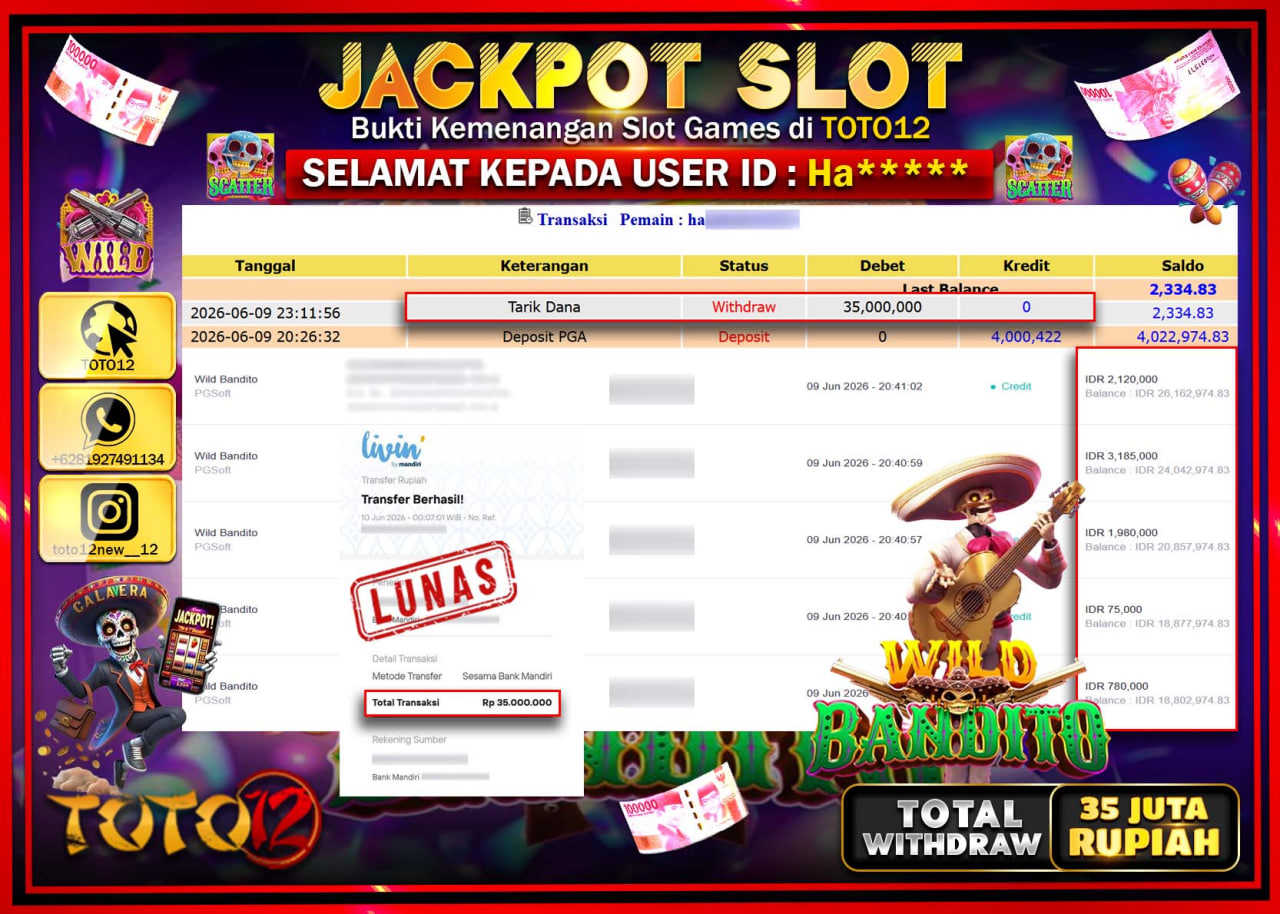 HANYA DI TOTO12 JP PASTI DI BAYAR LUNAS DAN CEPAT!!!!!! JACKPOT SLOT GAME (WILD BANDITO) Rp35.000.000!!!!