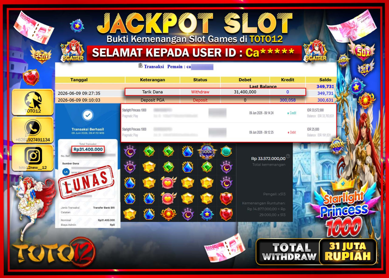 HANYA DI TOTO12 JP PASTI DI BAYAR LUNAS DAN CEPAT!!!!!! JACKPOT SLOT GAME (STARLIGHT PRINCESS 1000) Rp31.400.000!!!!