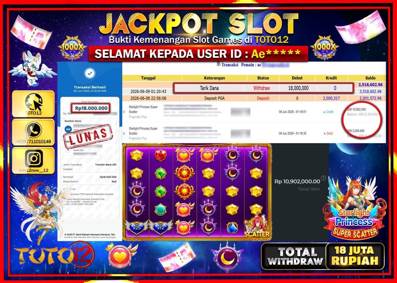 HANYA DI TOTO12 JP PASTI DI BAYAR LUNAS DAN CEPAT!!!!!! JACKPOT SLOT GAME (STARLIGHT PRINCESS SUPER SCATTER) Rp18.000.000!!!!