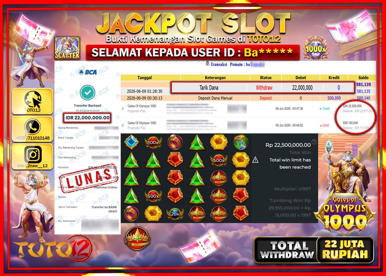 HANYA DI TOTO12 JP PASTI DI BAYAR LUNAS DAN CEPAT!!!!!! JACKPOT SLOT GAME (GATES OF OLYMPUS 1000) Rp22.000.000!!!!
