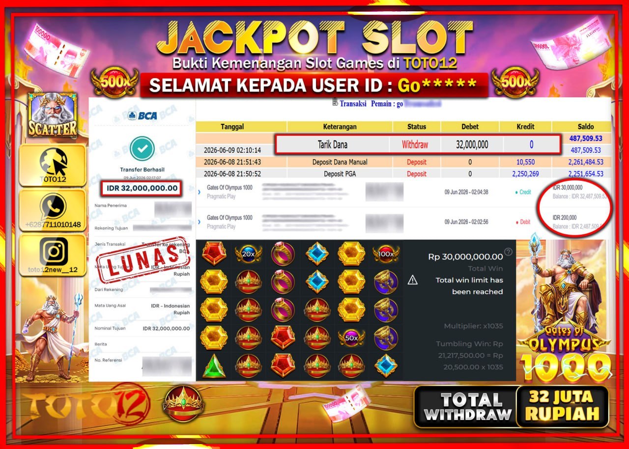 HANYA DI TOTO12 JP PASTI DI BAYAR LUNAS DAN CEPAT!!!!!! JACKPOT SLOT GAME (GATES OF OLYMPUS 1000) Rp32.000.000!!!!