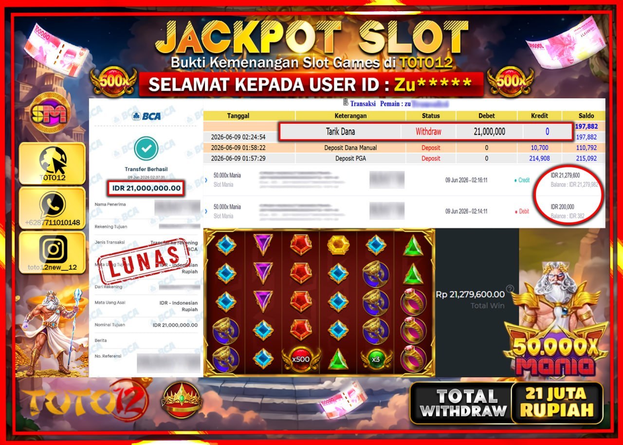 HANYA DI TOTO12 JP PASTI DI BAYAR LUNAS DAN CEPAT!!!!!! JACKPOT SLOT GAME (50.000X MANIA) Rp21.000.000!!!!