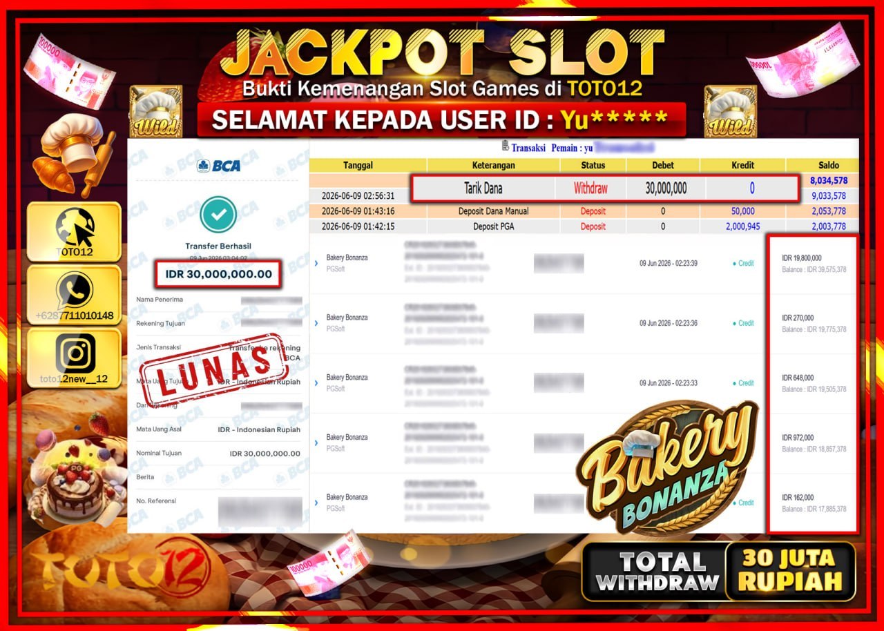HANYA DI TOTO12 JP PASTI DI BAYAR LUNAS DAN CEPAT!!!!!! JACKPOT SLOT GAME (BAKERY BONANZA) Rp30.000.000!!!!