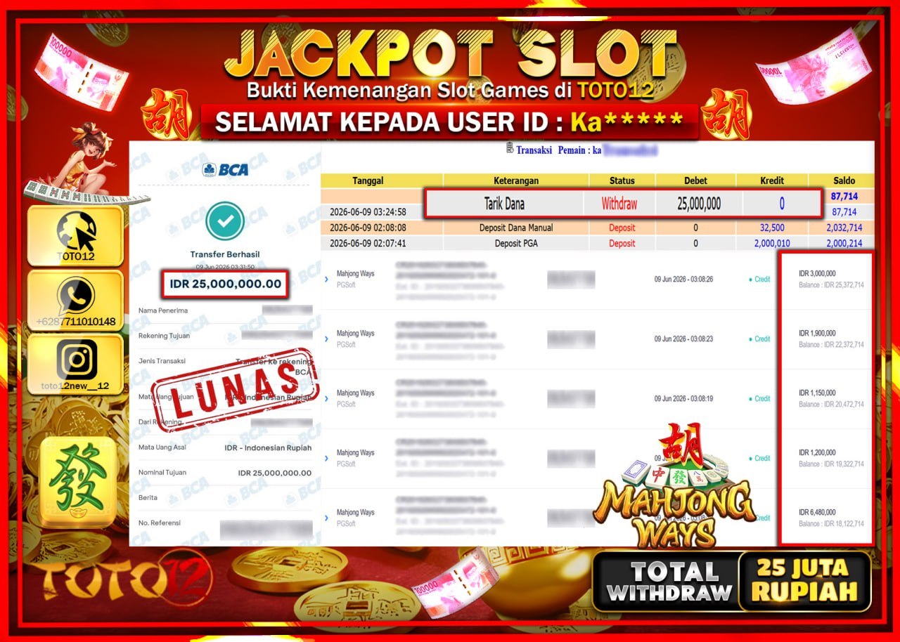 HANYA DI TOTO12 JP PASTI DI BAYAR LUNAS DAN CEPAT!!!!!! JACKPOT SLOT GAME (MAHJONG WAYS) Rp25.000.000!!!!