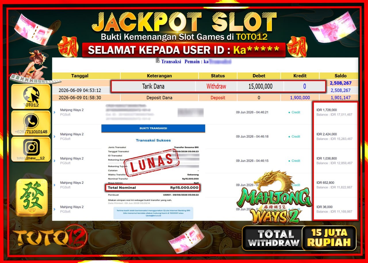 HANYA DI TOTO12 JP PASTI DI BAYAR LUNAS DAN CEPAT!!!!!! JACKPOT SLOT GAME (MAHJONG WAYS 2) Rp15.000.000!!!!