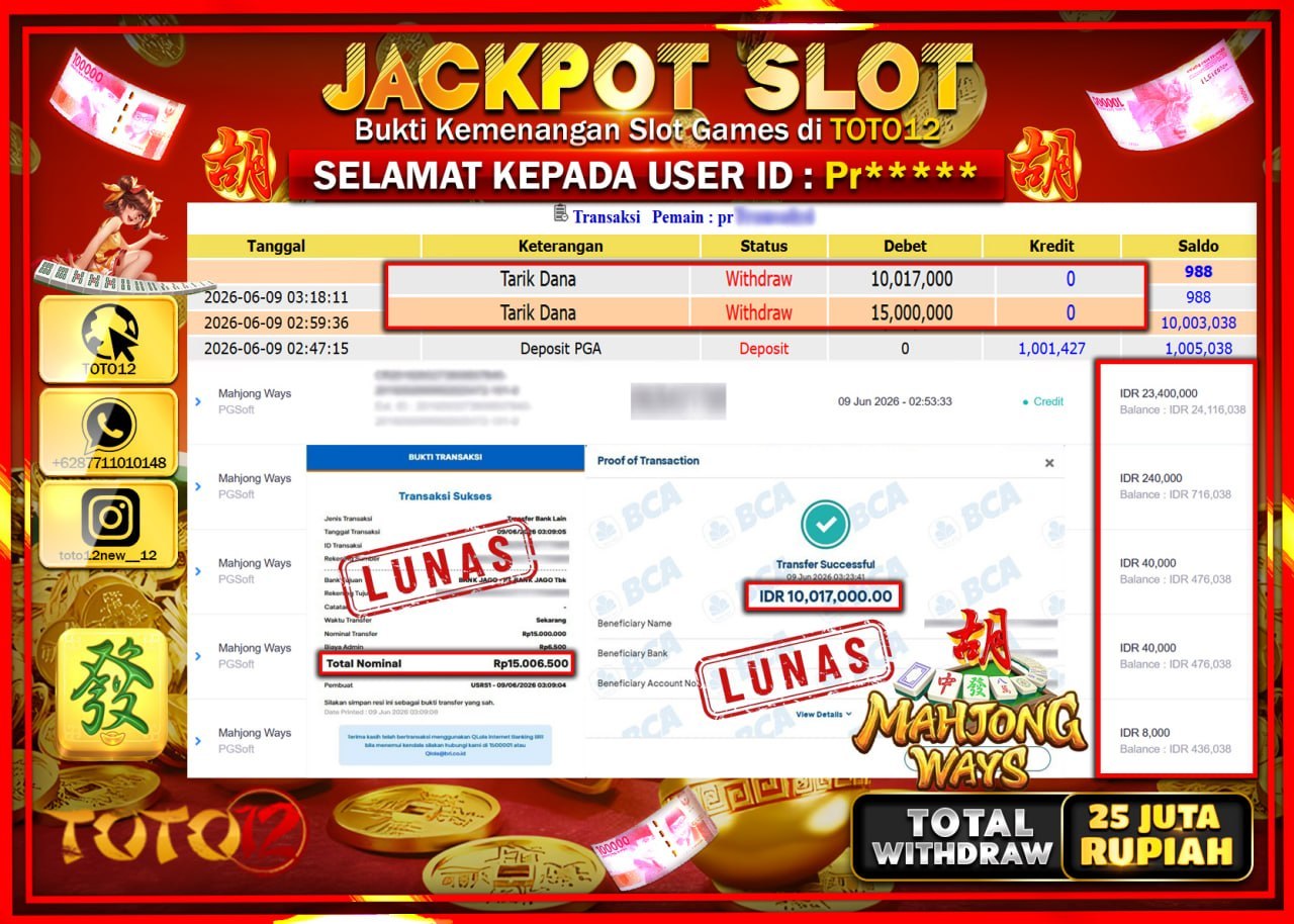 HANYA DI TOTO12 JP PASTI DI BAYAR LUNAS DAN CEPAT!!!!!! JACKPOT SLOT GAME (MAHJONG WAYS) Rp25.017.000!!!!
