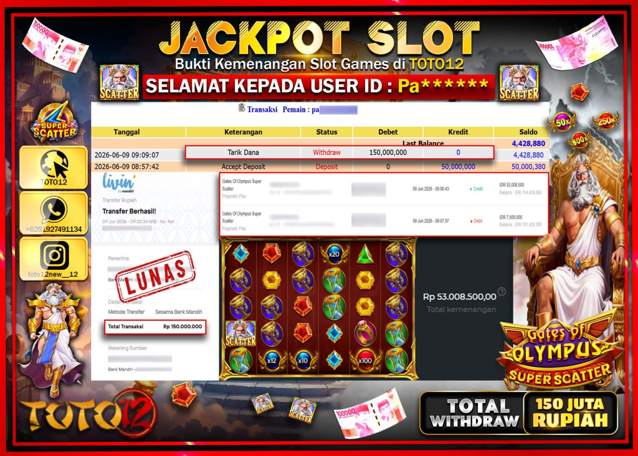 HANYA DI TOTO12 JP PASTI DI BAYAR LUNAS DAN CEPAT!!!!!! JACKPOT SLOT GAME (GATES OF OLYMPUS SUPER SCATTER) Rp150.000.000!!!!