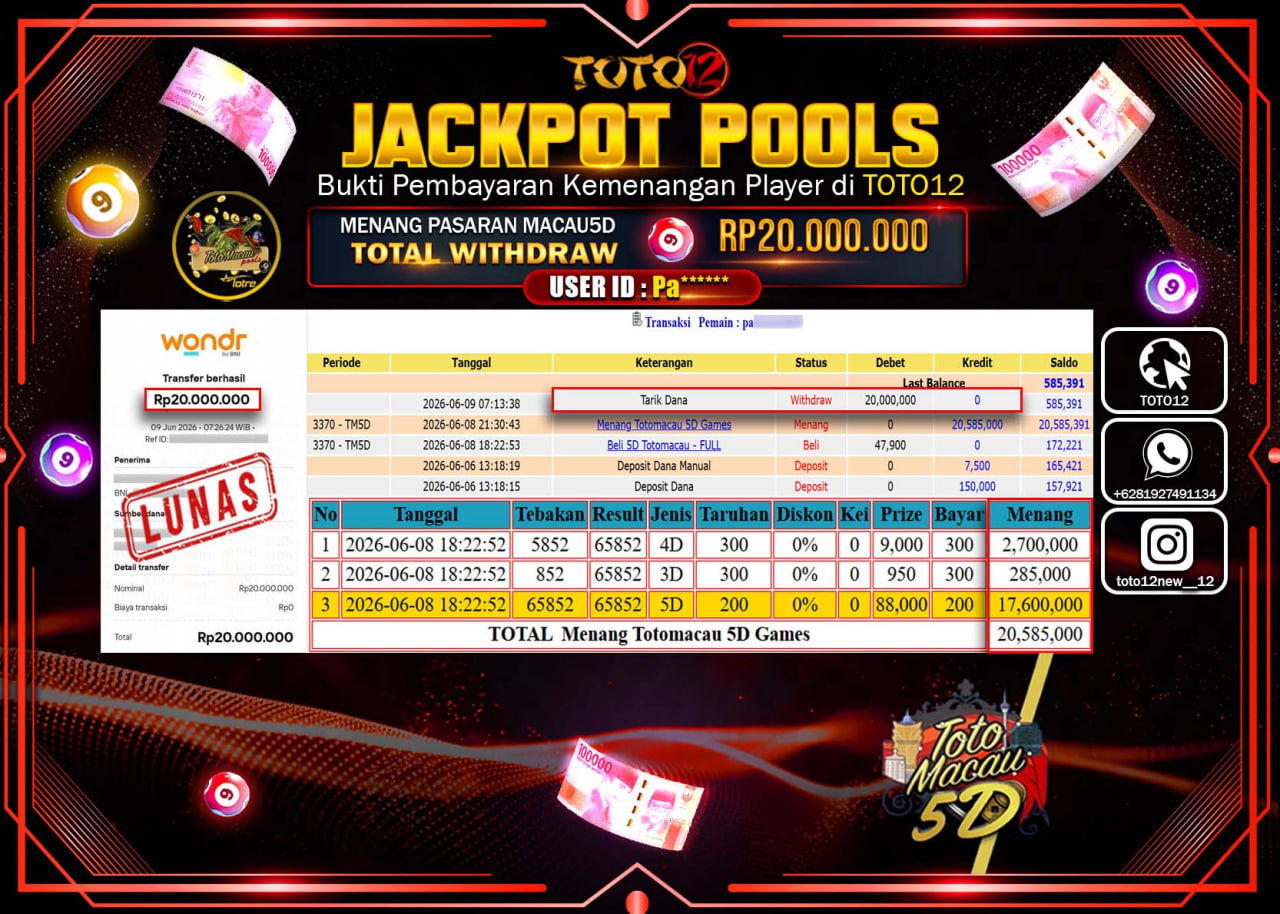 HANYA DI TOTO12 JP PASTI DI BAYAR LUNAS DAN CEPAT!!!!!! JACKPOT POOLS PASARAN (MACAU5D) Rp20.000.000!!!!