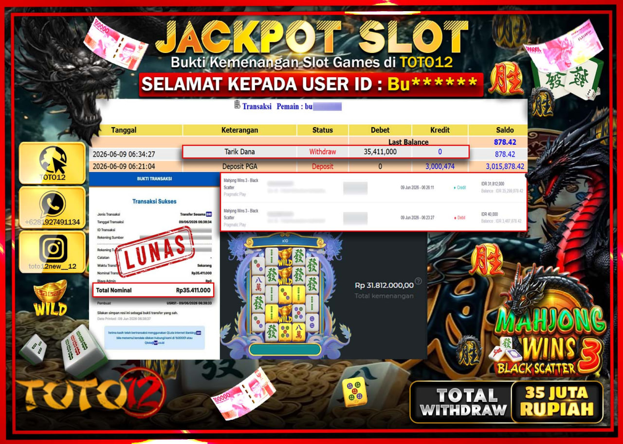 HANYA DI TOTO12 JP PASTI DI BAYAR LUNAS DAN CEPAT!!!!!! JACKPOT SLOT GAME (MAHJONG WINS 3 BLACK SCATTER) Rp35.411.000!!!!