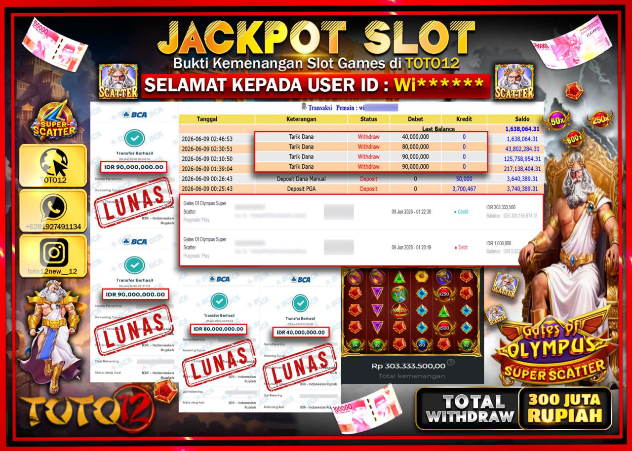 HANYA DI TOTO12 JP PASTI DI BAYAR LUNAS DAN CEPAT!!!!!! JACKPOT SLOT GAME (GATES OF OLYMPUS SUPER SCATTER) Rp300.000.000!!!!