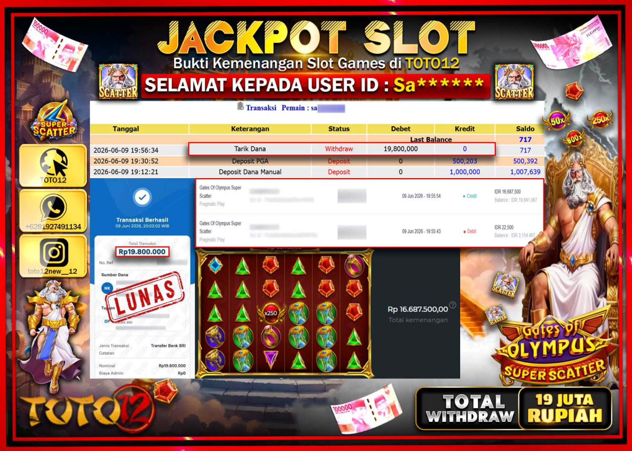 HANYA DI TOTO12 JP PASTI DI BAYAR LUNAS DAN CEPAT!!!!!! JACKPOT SLOT GAME (GATES OF OLYMPUS SUPER SCATTER) Rp19.800.000!!!!