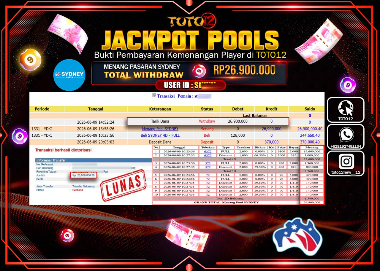 HANYA DI TOTO12 JP PASTI DI BAYAR LUNAS DAN CEPAT!!!!!! JACKPOT POOLS PASARAN (SYDNEY) Rp26.900.000!!!!
