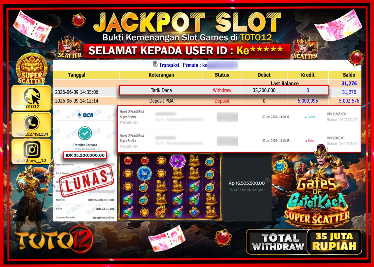 HANYA DI TOTO12 JP PASTI DI BAYAR LUNAS DAN CEPAT!!!!!! JACKPOT SLOT GAME (GATES OF GATOT KACA SUPER SCATTER) Rp35.200.000!!!!