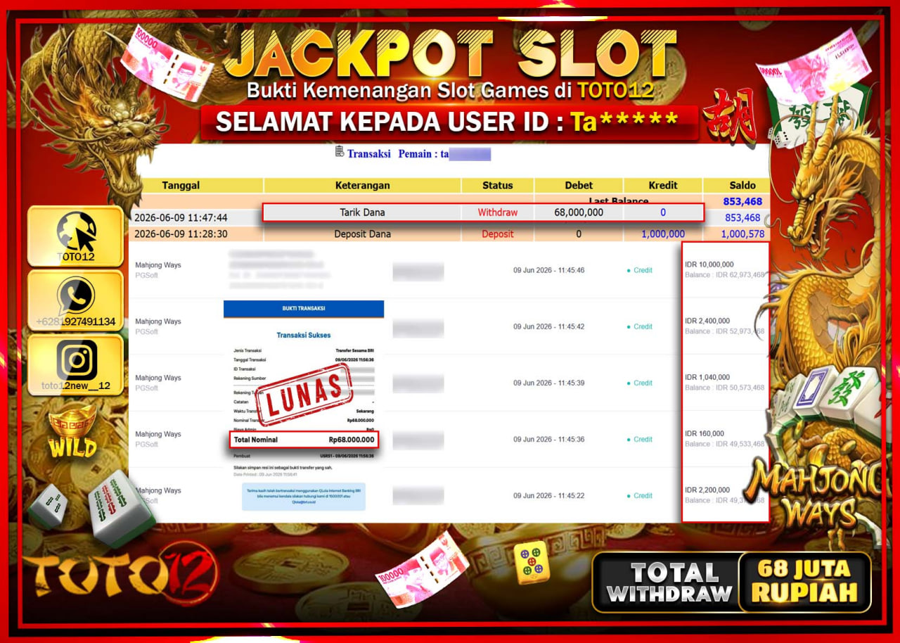 HANYA DI TOTO12 JP PASTI DI BAYAR LUNAS DAN CEPAT!!!!!! JACKPOT SLOT GAME (MAHJONG WAYS) Rp68.000.000!!!!