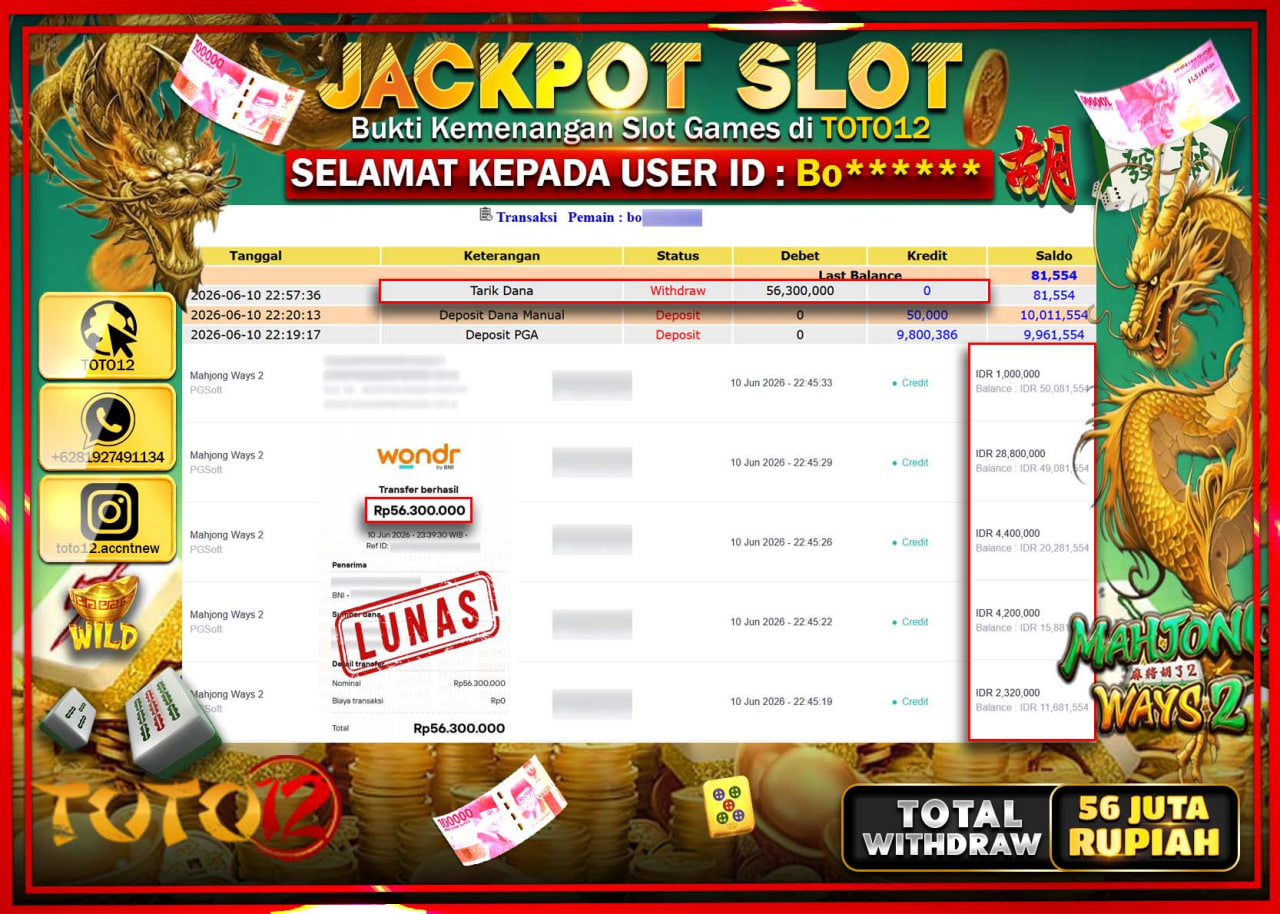 HANYA DI TOTO12 JP PASTI DI BAYAR LUNAS DAN CEPAT!!!!!! JACKPOT SLOT GAME (MAHJONG WAYS 2) Rp56.300.000!!!!