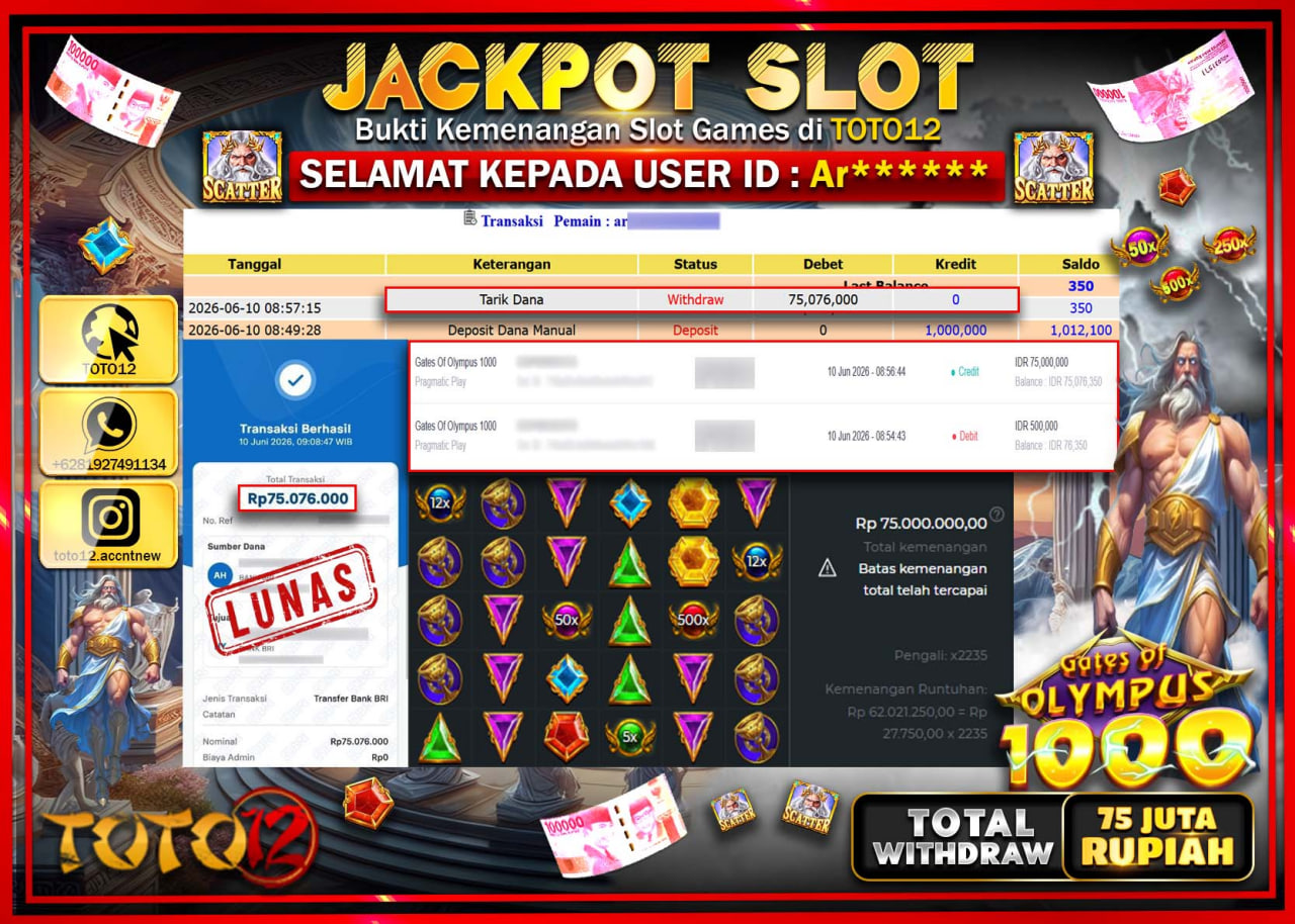 HANYA DI TOTO12 JP PASTI DI BAYAR LUNAS DAN CEPAT!!!!!! JACKPOT SLOT GAME (GATES OF OLYMPUS 1000) Rp75.076.000!!!!