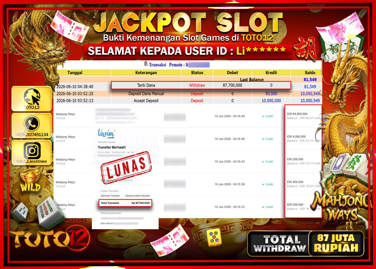 HANYA DI TOTO12 JP PASTI DI BAYAR LUNAS DAN CEPAT!!!!!! JACKPOT SLOT GAME (MAHJONG WAYS) Rp87.700.000!!!!