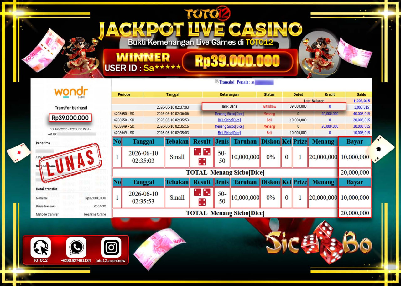 HANYA DI TOTO12 JP PASTI DI BAYAR LUNAS DAN CEPAT!!!!!! JACKPOT LIVE GAMES CASINO (SICBO DICE) Rp39.000.000!!!!