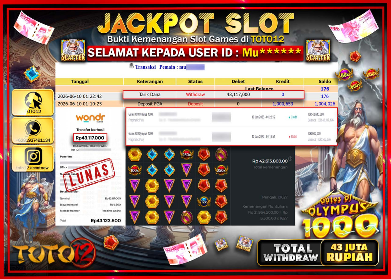 HANYA DI TOTO12 JP PASTI DI BAYAR LUNAS DAN CEPAT!!!!!! JACKPOT SLOT GAME (GATES OF OLYMPUS 1000) Rp43.117.000!!!!